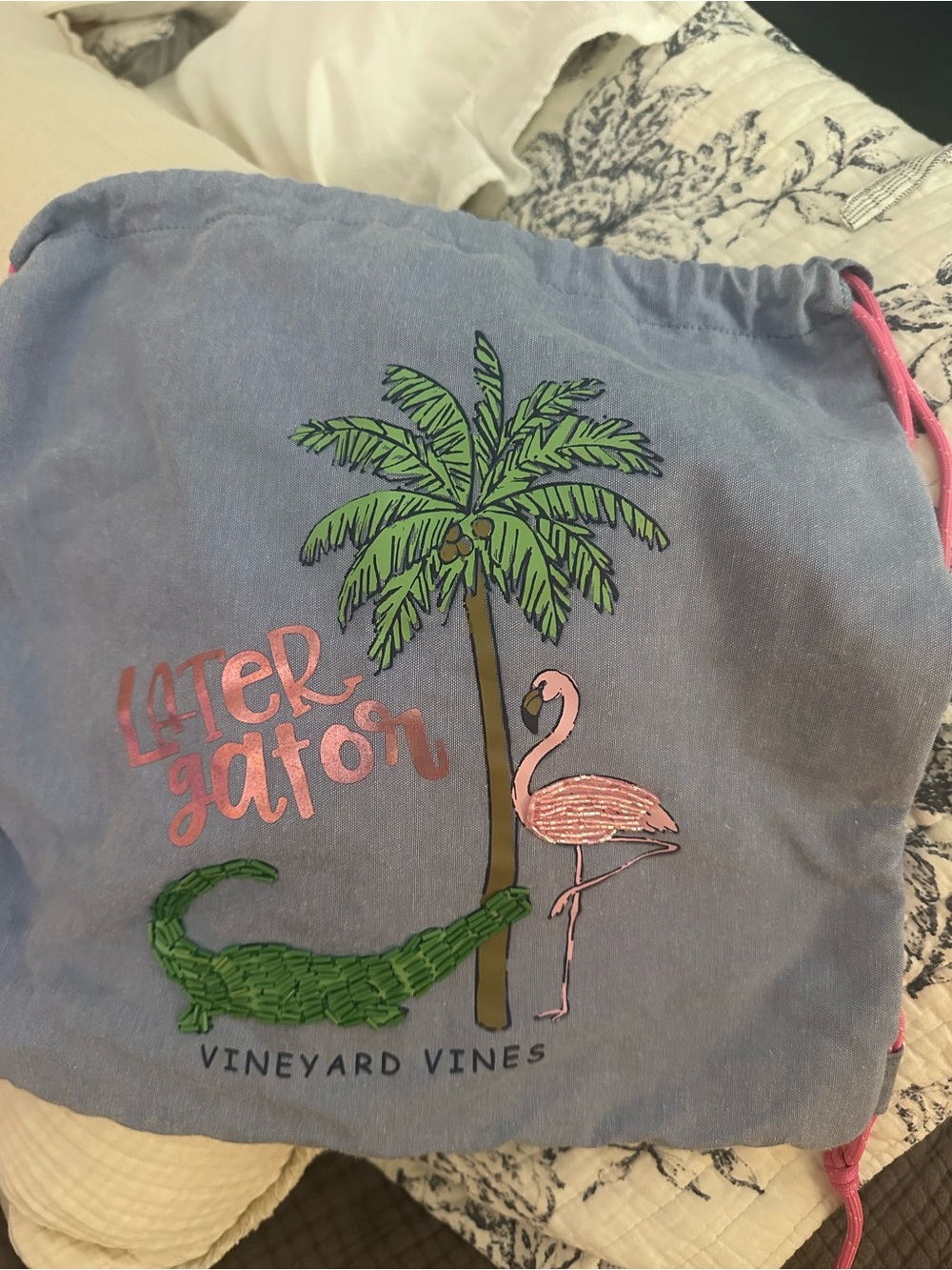 Vineyard Vines Oxford Blue Drawstring Bag with Pink Flamingo & Green Alligator